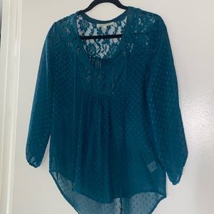 Daniel Rainn // 3/4 Sleeve Blouse with Lace & Swiss Dot Pattern (Teal Blue - S)